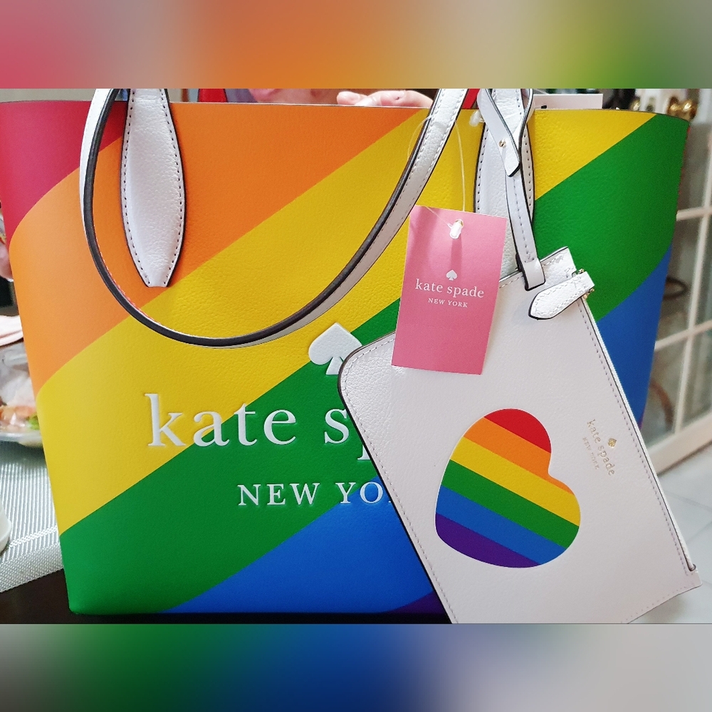 NWT Kate Spade Rainbow Striped Tote with White Rainbow Heart Tag